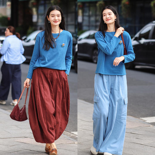 特绽放512朵/油画T·棉针织一字领落肩油画色彩长袖T恤女春打底衫 商品图2