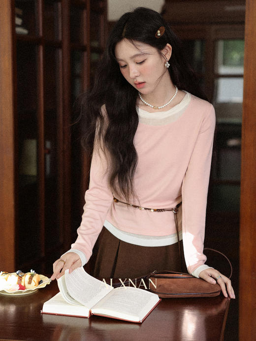 鹿向南「柏林艺术馆」粉色假两件长袖T恤早秋新款修身显瘦上衣女 商品图2