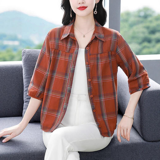 夏季新款中年妈妈时尚七分袖衬衫秋夏妈妈装宽松遮肚格子百搭上衣 商品图1