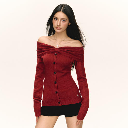 Ariseism 美式复古红色大翻领一字肩毛衣女秋季新款修身露肩上衣 商品图2