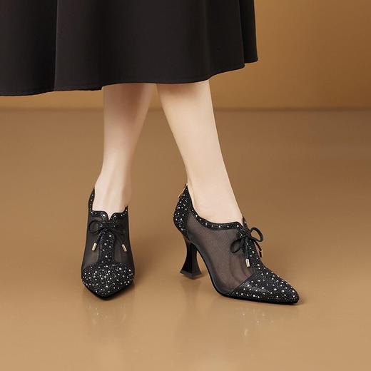 【预售5天】水钻网纱包头凉鞋女夏季镂空深口尖头高跟鞋子时尚蝴蝶结粗跟女鞋HY&H3634 商品图4