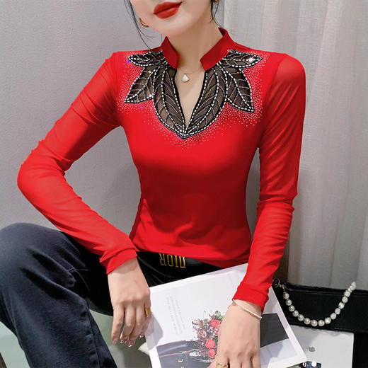 网纱拼接打底衫女秋冬欧货洋气重工烫钻上衣性感V领长袖T恤小衫潮 商品图2