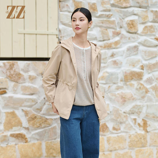 佐尔美百搭户外风复古工装中长款抽绳连帽外套女M43FD27 商品图0