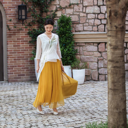 【林栖设计小店】（现货）【林栖推荐】麦穗金线真丝汉服交襟女早秋衬衣上衣 N1953305 商品图4