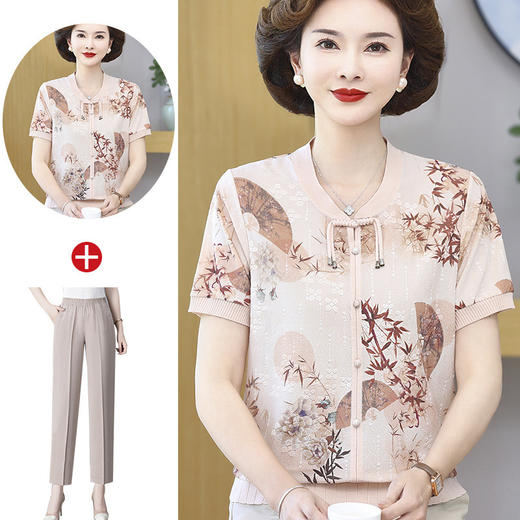 洋气妈妈夏装短袖上衣新中式冰丝时尚T恤中老年女国风小衫两件套 商品图13