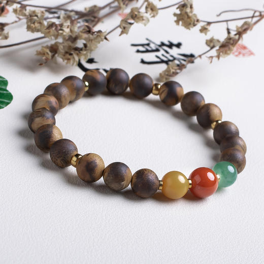 xy0541虎斑纹沉香+南红蜜蜡手串 商品图1