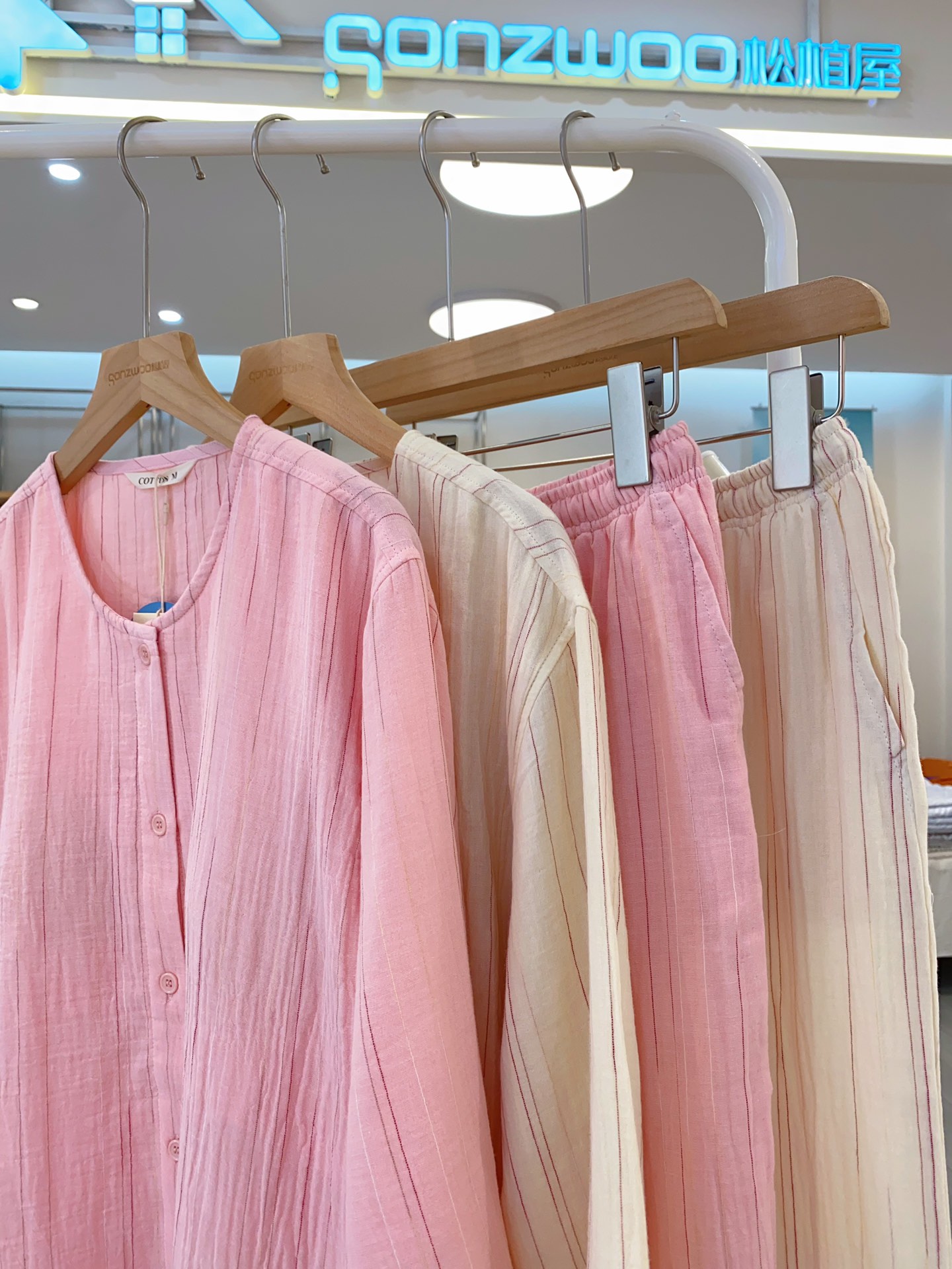 松植屋女款中袖长裤新中式睡衣套装 纯棉纱布带胸垫七分袖夏季女士圆领家居服