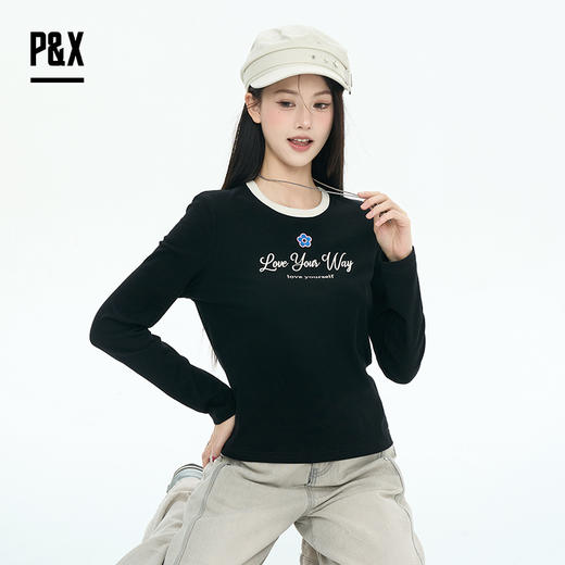 P&X设计师女装2025秋季长袖圆领百搭T恤修身打底衫825302206 黑色 商品图3