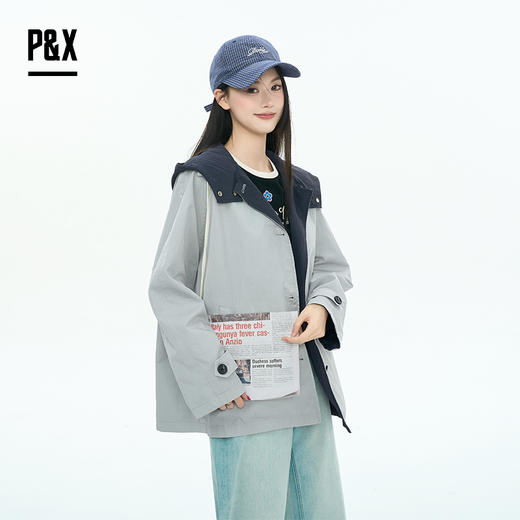 P&X设计师女装2025秋季户外连帽短款风衣学院风 825319171 浅灰 商品图2