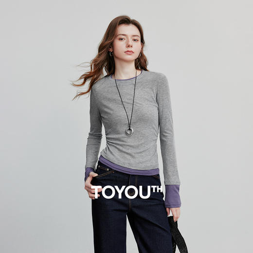 初语撞色抽褶长袖T恤女2025天丝羊毛衫收腰设计感上衣8531001 商品图0