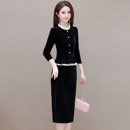 QYM 58A9102-Y连衣裙木耳拼结长袖裙优雅假两件包臀中长裙 商品图1