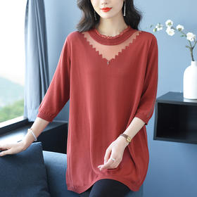 CC 19-6390大码中长款丝针织衫遮臀显瘦宽松时尚中袖薄上衣