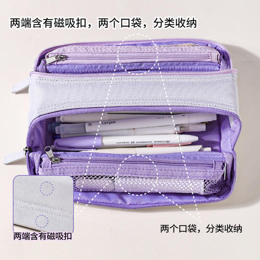 国誉Campus双拉链笔袋多功能分类收纳磁吸设计可平摊收纳包 商品图4