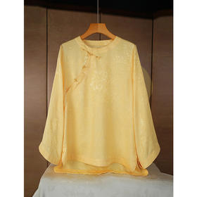 OPH XZ610新中式真丝花罗长袖衬衫国风盘扣桑蚕丝宽松上衣