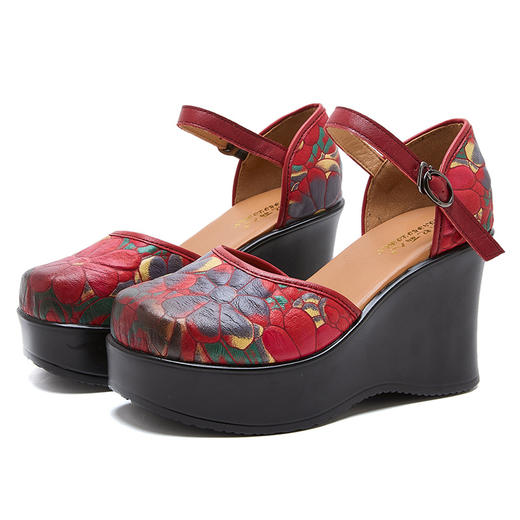 真皮民族风印花超高跟田园风厚底复古学院风时尚搭扣凉鞋 商品图4