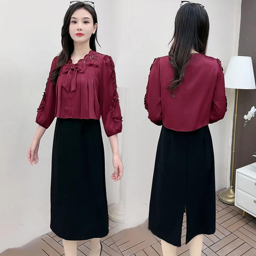 QYM 5A25212-Y蝴蝶结时尚连衣裙时尚拼结假两件连衣裙高腰开衩裙 商品图3