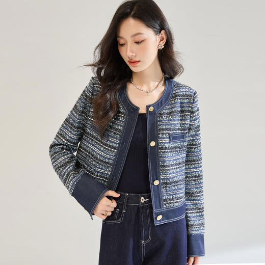 「高货sh」全新升级【铂金会员367/天猫489/差价122】(12415)洛诗琳秋季时尚气质设计感撞色牛仔拼接粗花呢小香风外套 商品图0