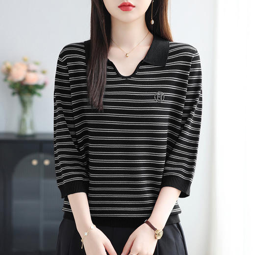 E-6500春秋七分袖妈妈装v领条纹针织衫女2025秋季新款洋气T恤中年上衣潮 商品图3