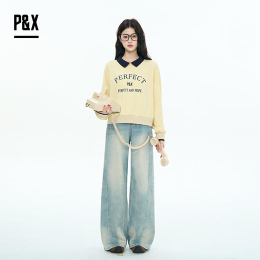 P&X设计师女装2025秋季宽松型长袖学院风短款卫衣 825317142 黄色 商品图1
