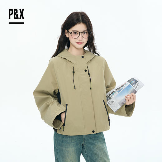 P&X设计师女装2025秋季连帽短款风衣拉链插肩袖825319170 卡其 商品图3