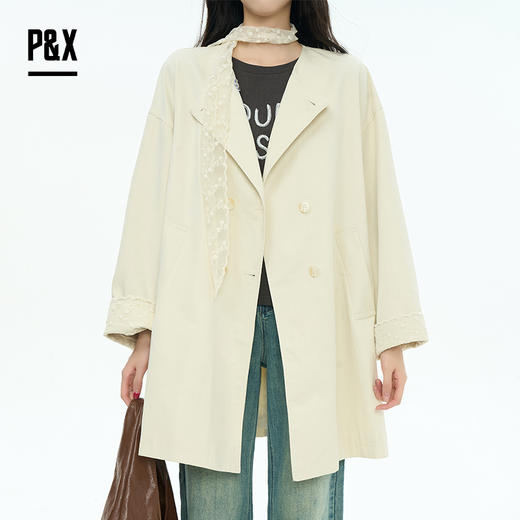 P&X设计师女装2025秋季中长款风衣宽松蕾丝纯色825319178 黄色 商品图3