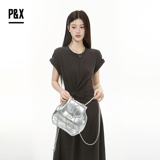P&X设计师女装2025秋季短袖花苞袖针织连衣长裙825308103 深灰 商品图3