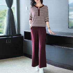 OSL 9321套装时尚洋气横条羊毛上衣阔腿裤两件套针织套装