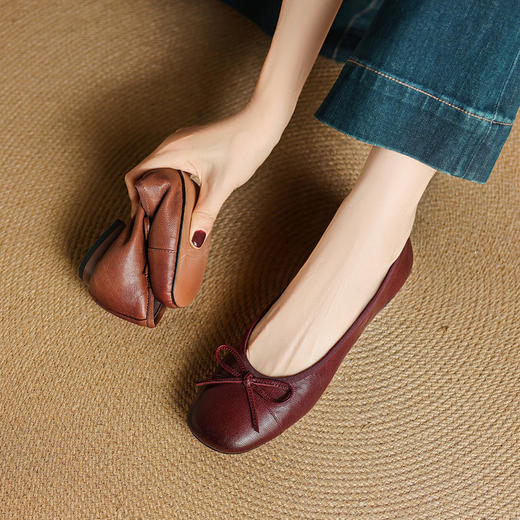 【预售5天】真皮酒红色蝴蝶结浅口单鞋，圆头软皮豆豆鞋平底芭蕾舞鞋NJMK&K1723 商品图4