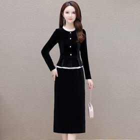 QYM 58A9102-Y连衣裙木耳拼结长袖裙优雅假两件包臀中长裙