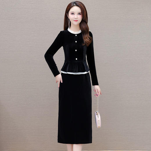 QYM 58A9102-Y连衣裙木耳拼结长袖裙优雅假两件包臀中长裙 商品图0