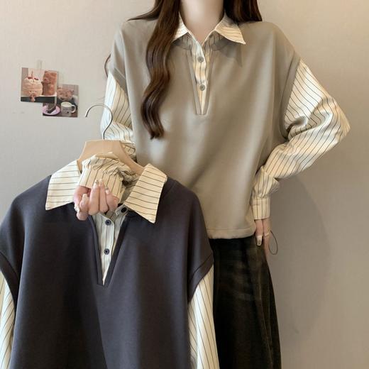 【大码胖mm假两件短款衬衫】春秋新款 设计感卫衣外套高气质上衣  商品图3