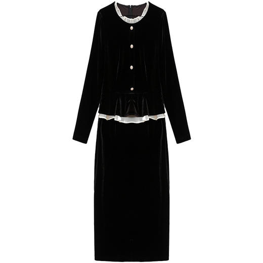 QYM 58A9102-Y连衣裙木耳拼结长袖裙优雅假两件包臀中长裙 商品图4