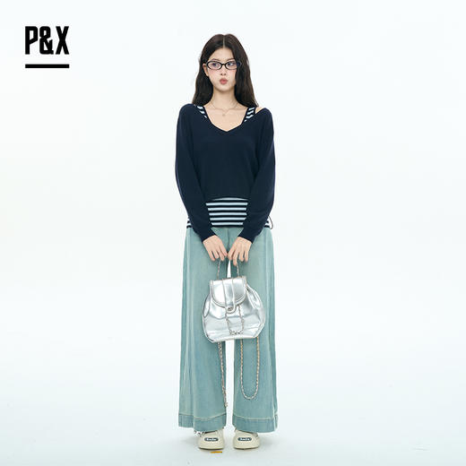 P&X设计师女装2025秋季T恤内搭背心两件套短款上衣825315163 蓝色 商品图4