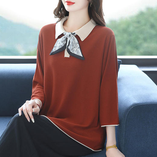 丝巾翻领上衣女春秋薄款打底衫漂亮气质减龄针织衫2025秋季妈妈装 商品图0