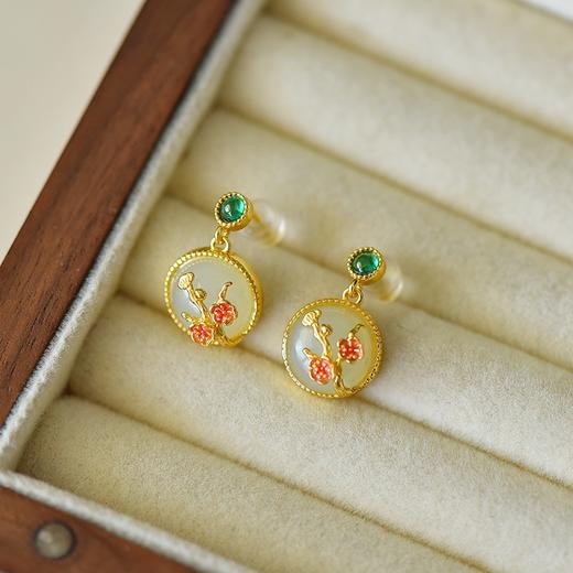 【预售3天】宫廷复古风和田玉耳饰纯银玉石耳环珐琅梅花白玉耳钉2754-2T 商品图2