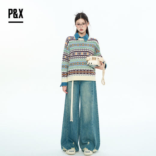 P&X设计师女装2025秋季慵懒风短款毛衣民族风保暖825318186 花色 商品图1