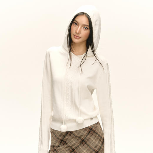 Ariseism 美式复古设计感白色毛球镂空连帽毛衣女秋新款宽松上衣 商品图3