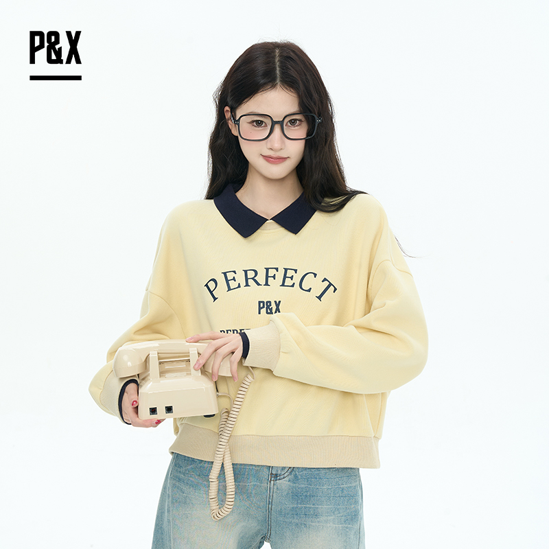 P&X设计师女装2025秋季宽松型长袖学院风短款卫衣 825317142 黄色
