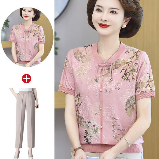 洋气妈妈夏装短袖上衣新中式冰丝时尚T恤中老年女国风小衫两件套 商品图12