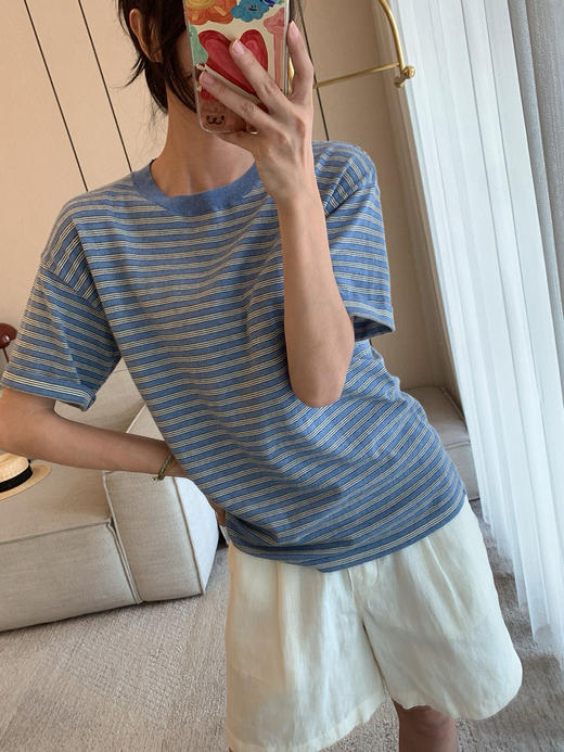 816-1 高端货 TR清爽条纹 软糯羊绒 针织短袖T恤 看相册 商品图3