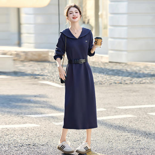 【预售3天】韩系学院风H型连衣裙2025秋季时尚显瘦长袖休闲收腰气质裙配腰带YWY9008 商品图0