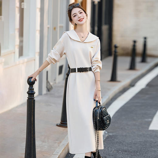 【预售3天】韩系学院风H型连衣裙2025秋季时尚显瘦长袖休闲收腰气质裙配腰带YWY9008 商品图1