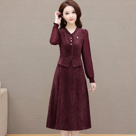 QYM 54A2507-Y长袖连衣裙时尚木耳边拼结马甲裙假两件中长款高腰裙