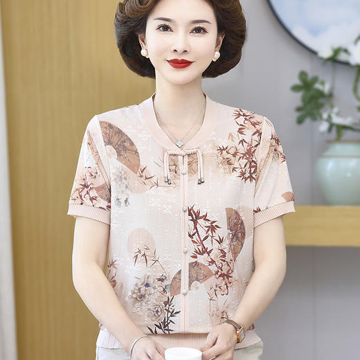 洋气妈妈夏装短袖上衣新中式冰丝时尚T恤中老年女国风小衫两件套 商品图2