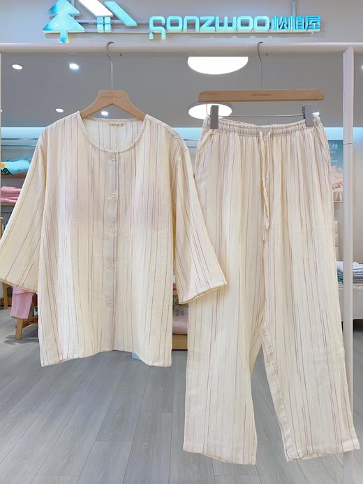 松植屋女款中袖长裤新中式睡衣套装 纯棉纱布带胸垫七分袖夏季女士圆领家居服 商品图3