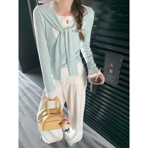 <曾小咸推荐>撞色设计感假两件女修身长袖T恤 商品图2