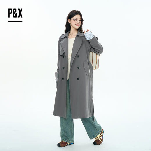 P&X设计师女装2025秋季韩版收腰双排扣长款风衣825319179 灰色 商品图2