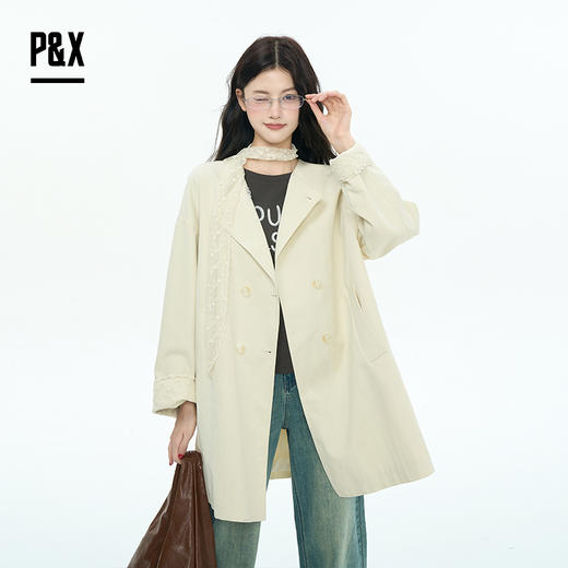P&X设计师女装2025秋季中长款风衣宽松蕾丝纯色825319178 黄色 商品图0