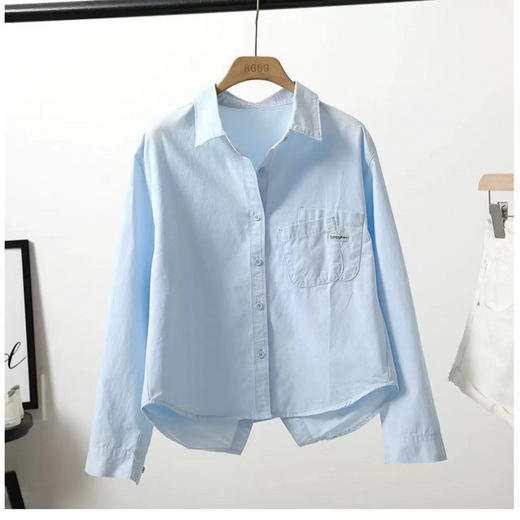 【背开叉短款棉衬衫】秋季新款 浅蓝色叠口袋衬衫 韩版休闲外搭潮流 商品图6