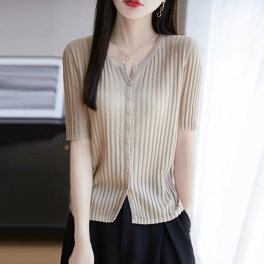 天丝亚麻抽条圆领短袖针织开衫，薄款百搭五分袖打底上衣YN-S-95039 商品图0